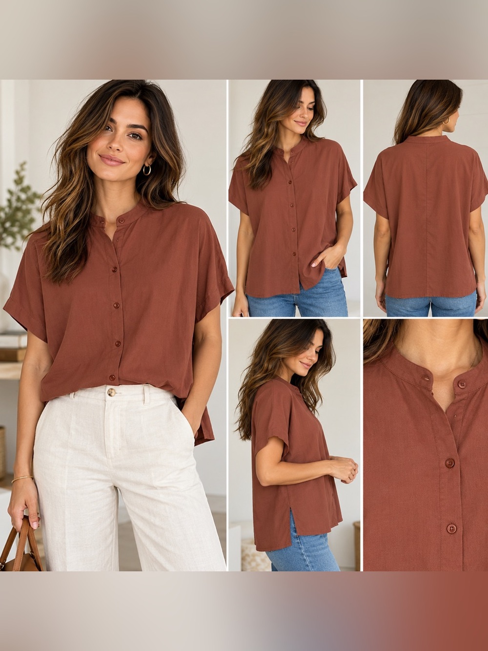 UNIQLO Rust Brown Button Front Short Sleeve Blouse Size M